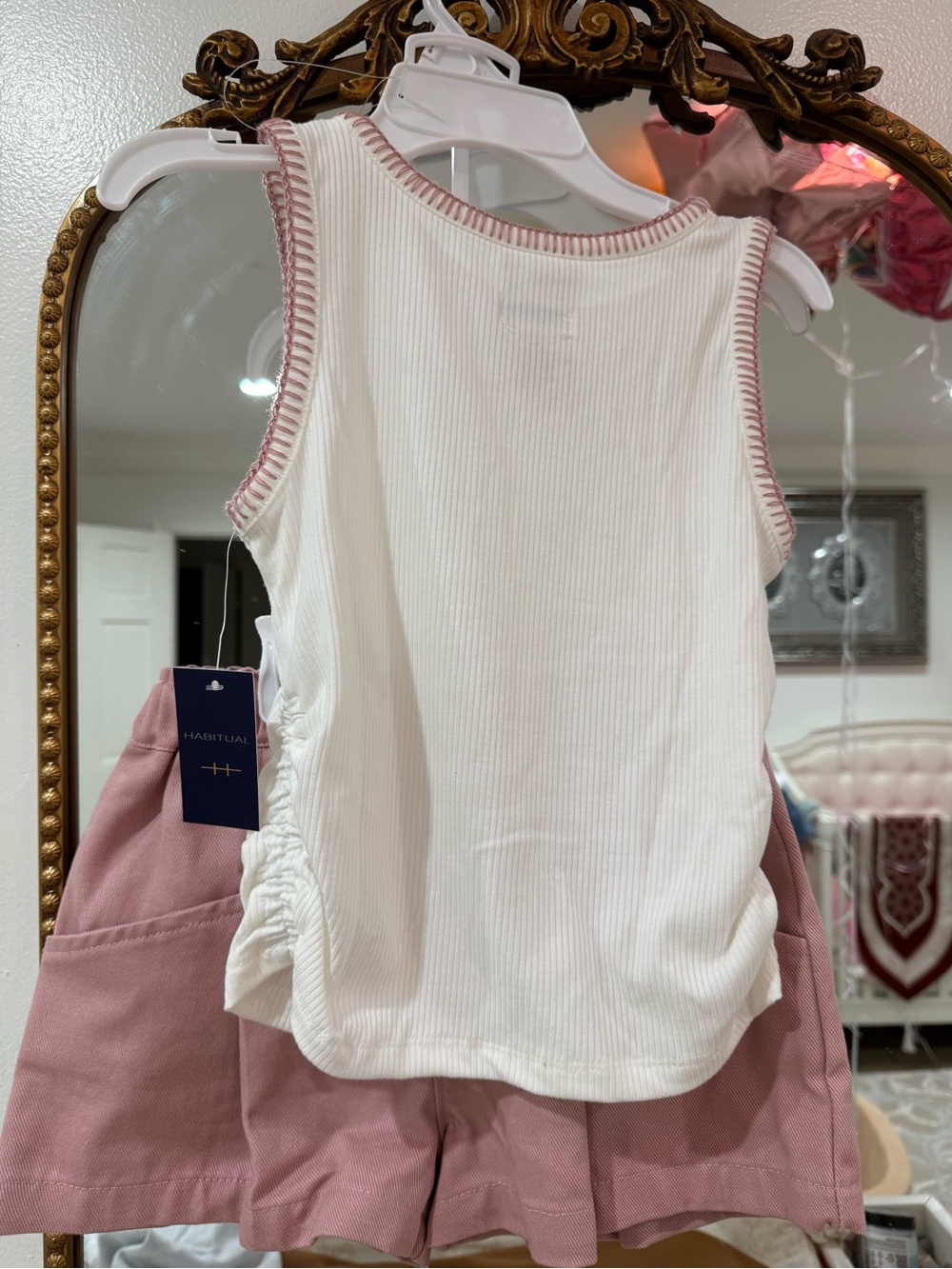 Habitual White Ribbed Tank with Dusty Pink Trim and Matching Pink Shorts
